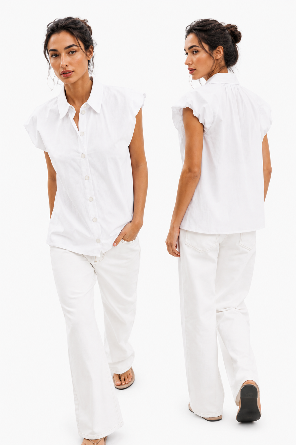 Poplin sleeveless blouse with crushed shoulder