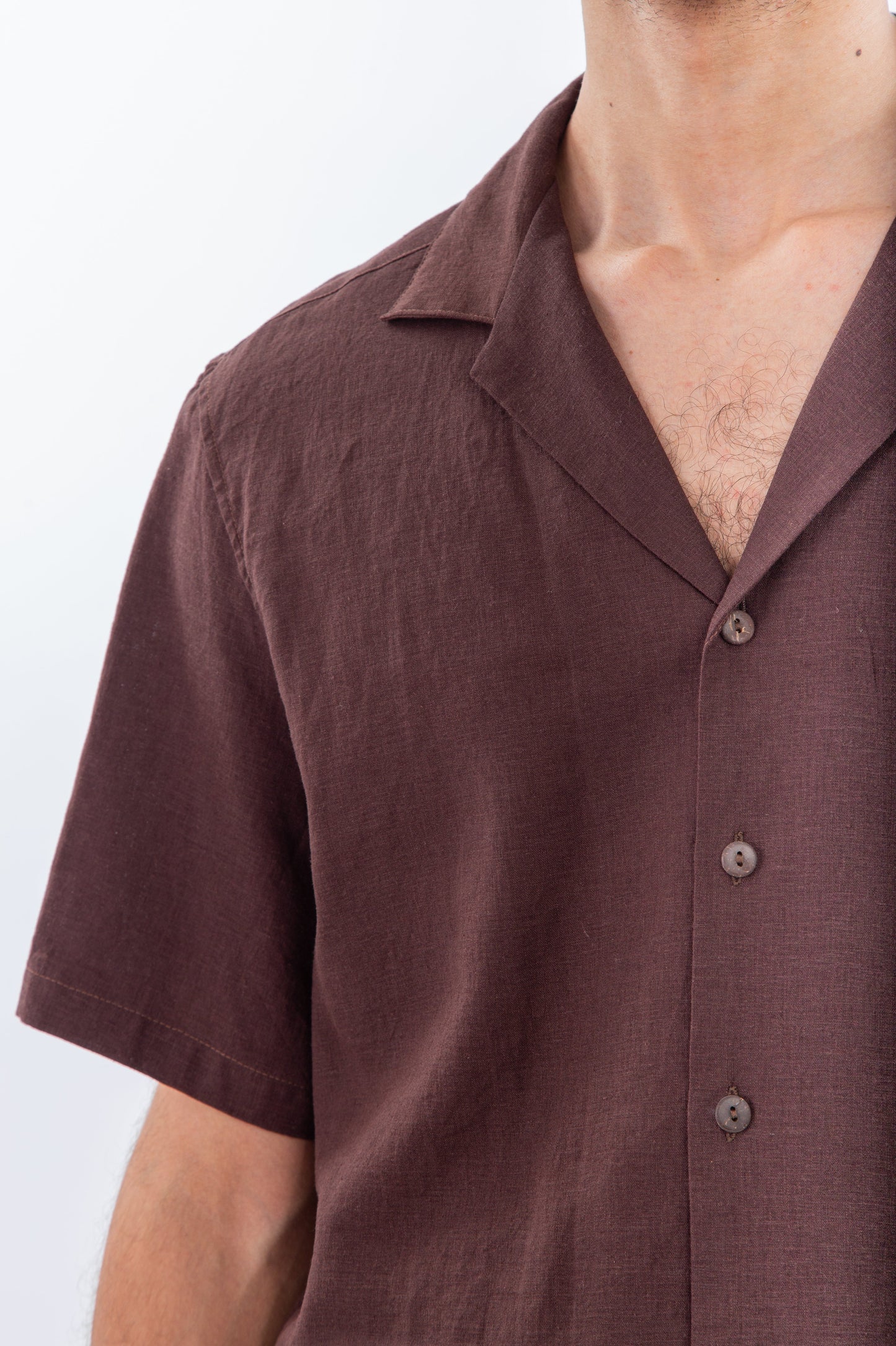 Short sleeves linen shirt with safari collar