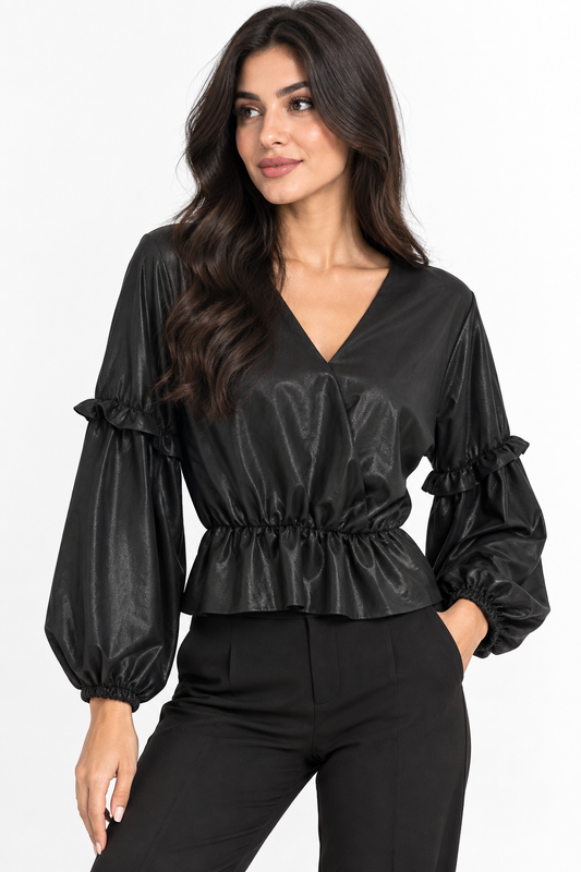 Faux leather blouse with sleeve ruffles
