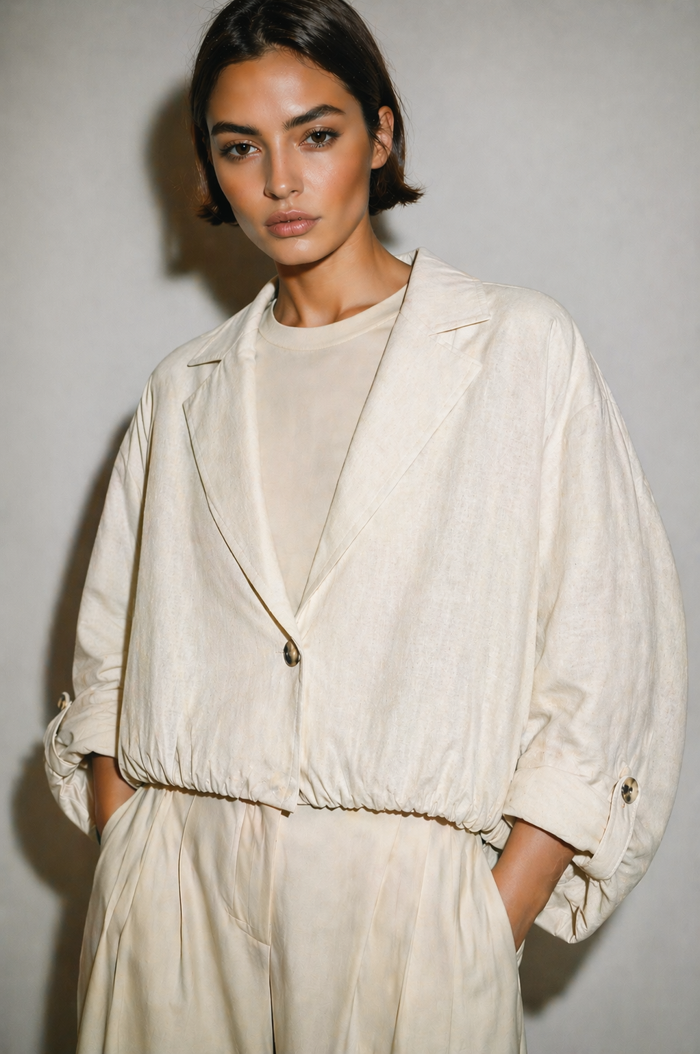 Linen jacket with elastic hemline
