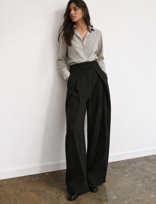 pants with overlapping pleats