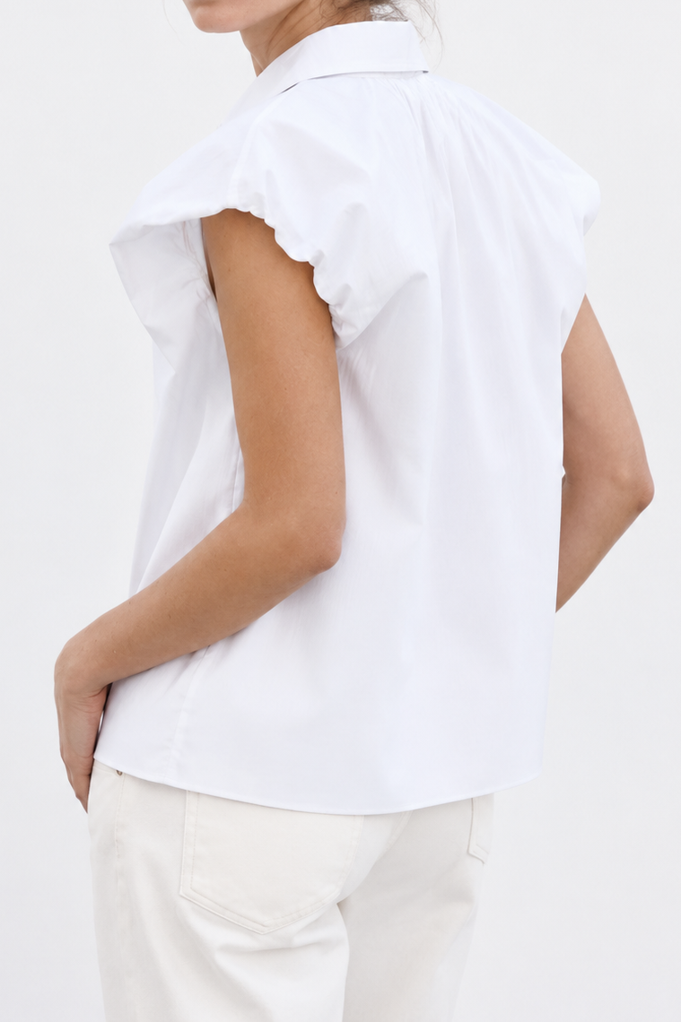Poplin sleeveless blouse with crushed shoulder