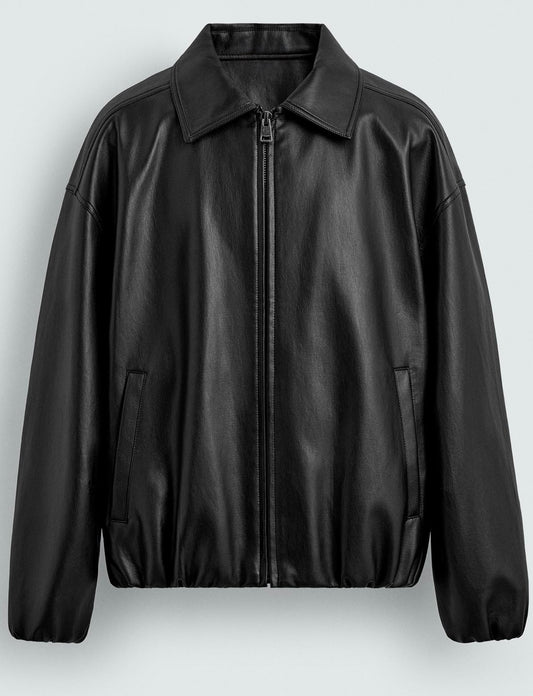 Leather jacket with hidden elastic