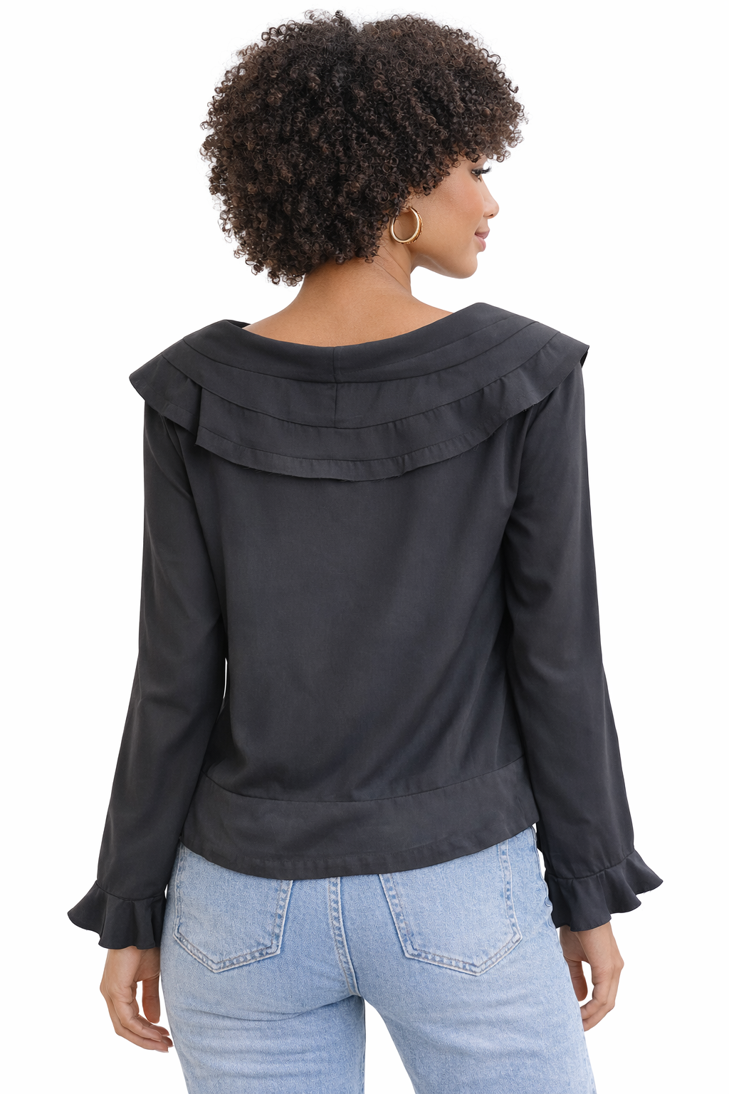 V-neck blouse with front ruffles