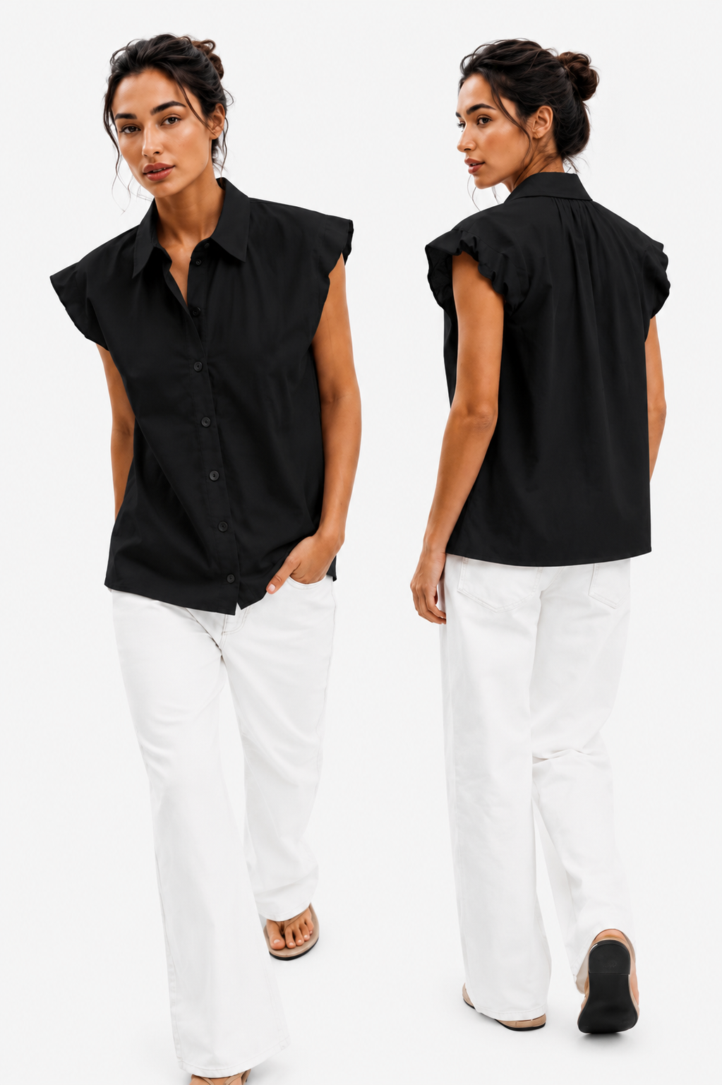 Poplin sleeveless blouse with crushed shoulder