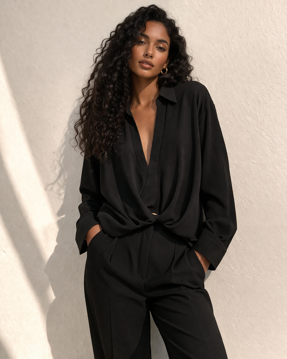 Crepe blouse with pleated hemline