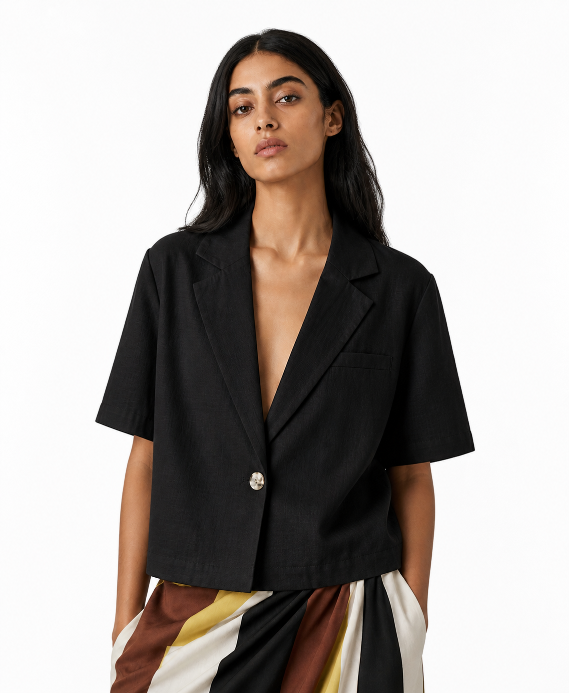 Short sleeves mixed linen blazer