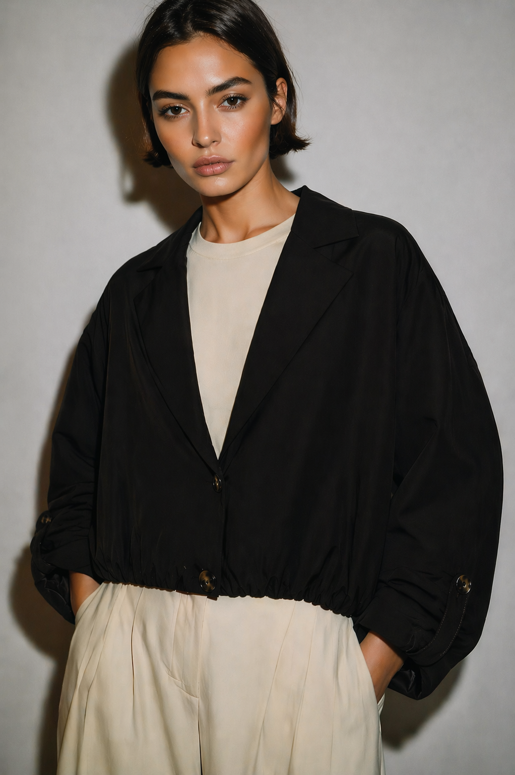 Linen jacket with elastic hemline