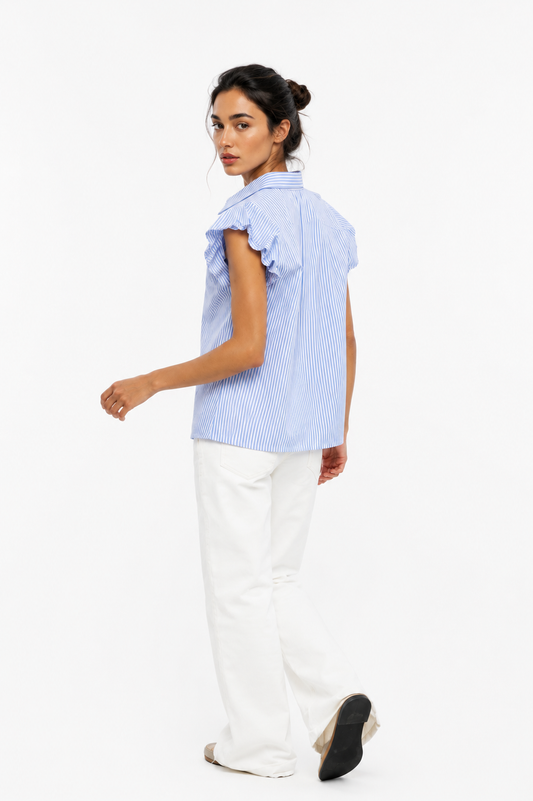 Poplin sleeveless blouse with crushed shoulder
