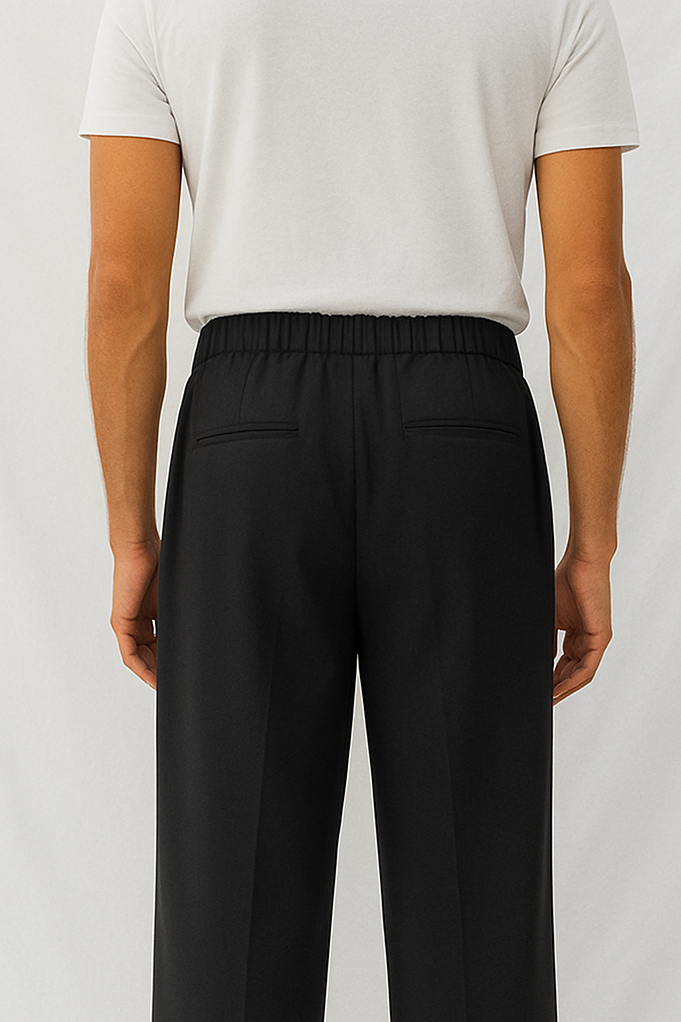Tailored pant with front pleats and elastic back
