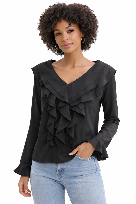 V-neck blouse with front ruffles