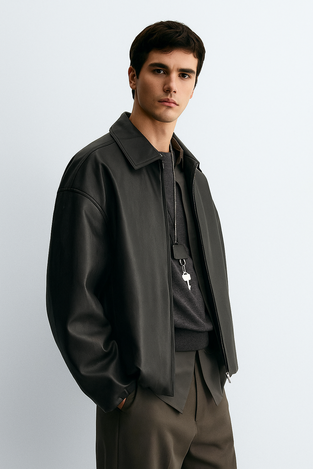 Leather jacket with hidden elastic