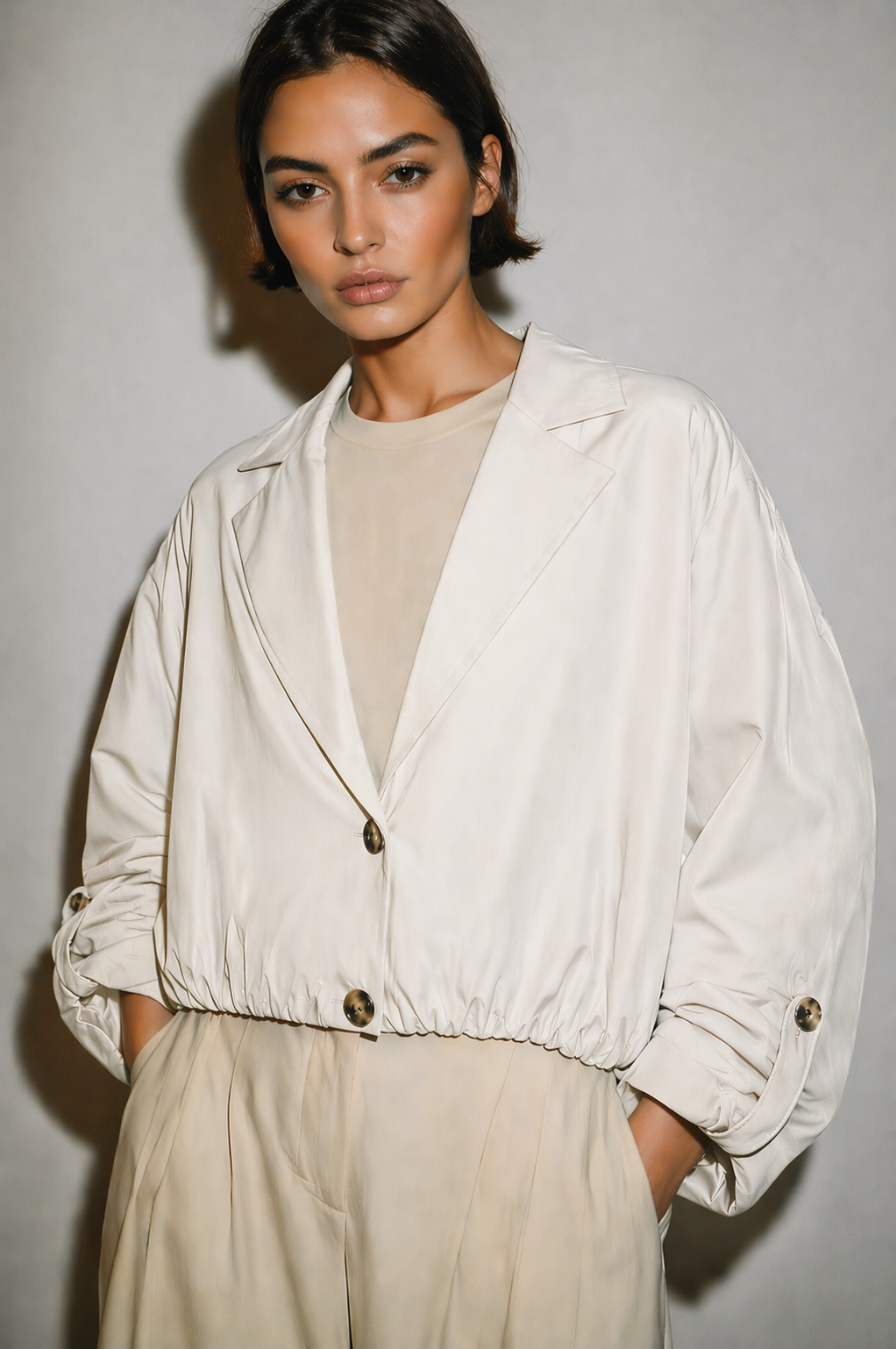Gabardine jacket with elastic hemline