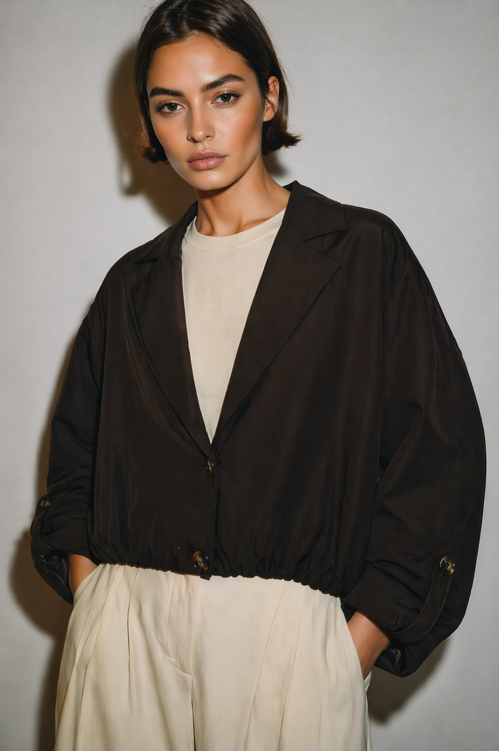 Linen jacket with elastic hemline