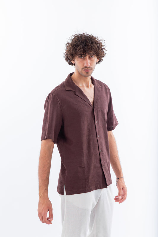 Short sleeves linen shirt with safari collar