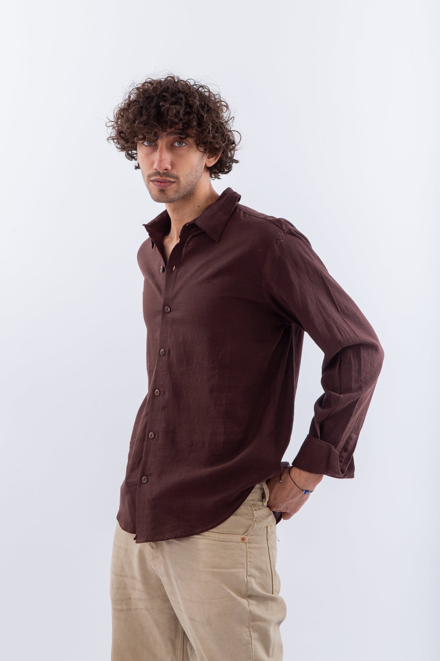 Long sleeves brown linen shirt